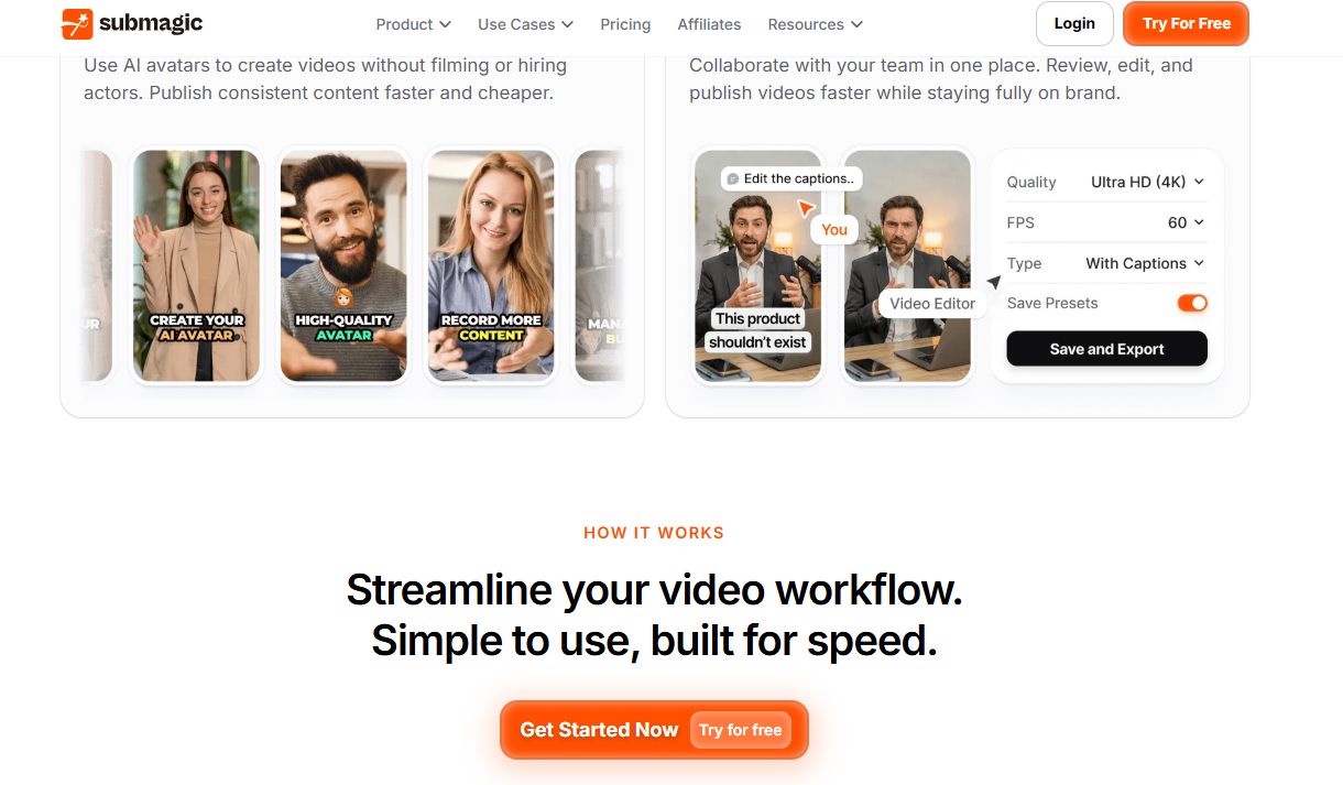 Submagic front page screenshot showing product positioning for AI short-form video editing
