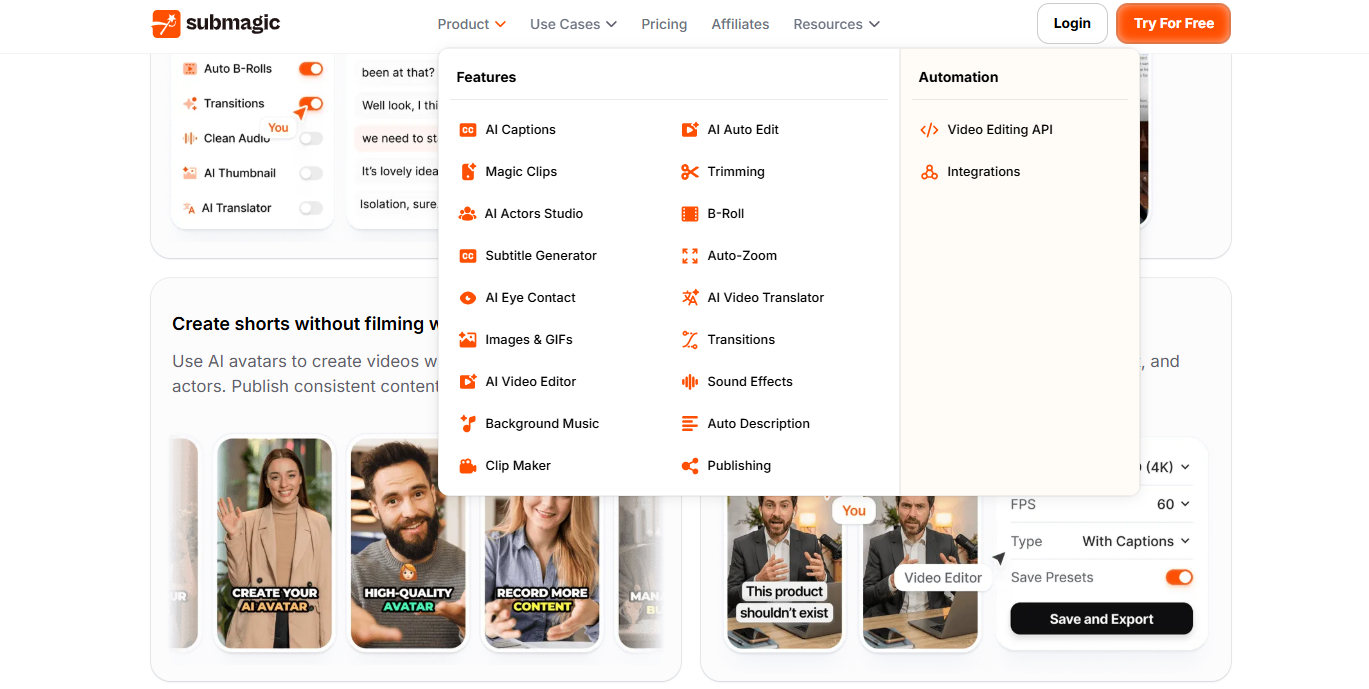 Submagic features screenshot showing AI captions, b-roll, trimming, hooks, translations, and publishing features