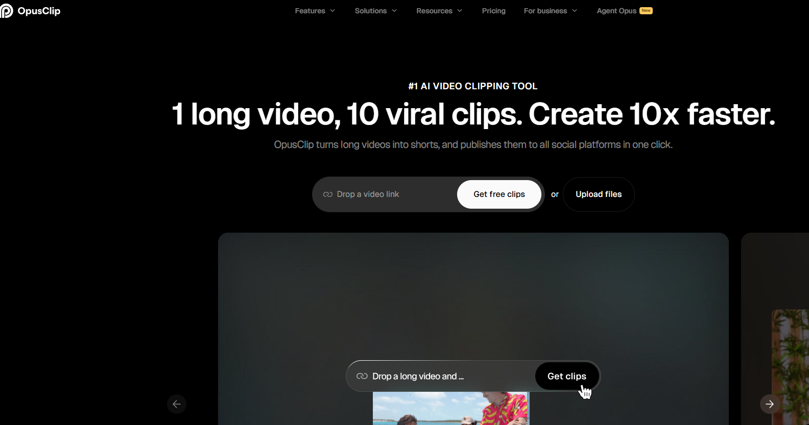 Opus Clip main dashboard screenshot showing the AI video clipping workflow