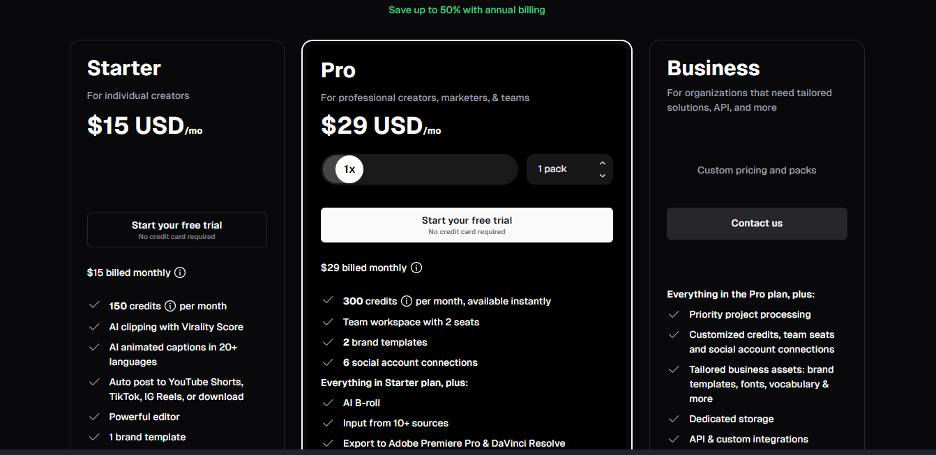 Opus Clip pricing page screenshot showing Free, Starter, Pro, and Business plan tiers