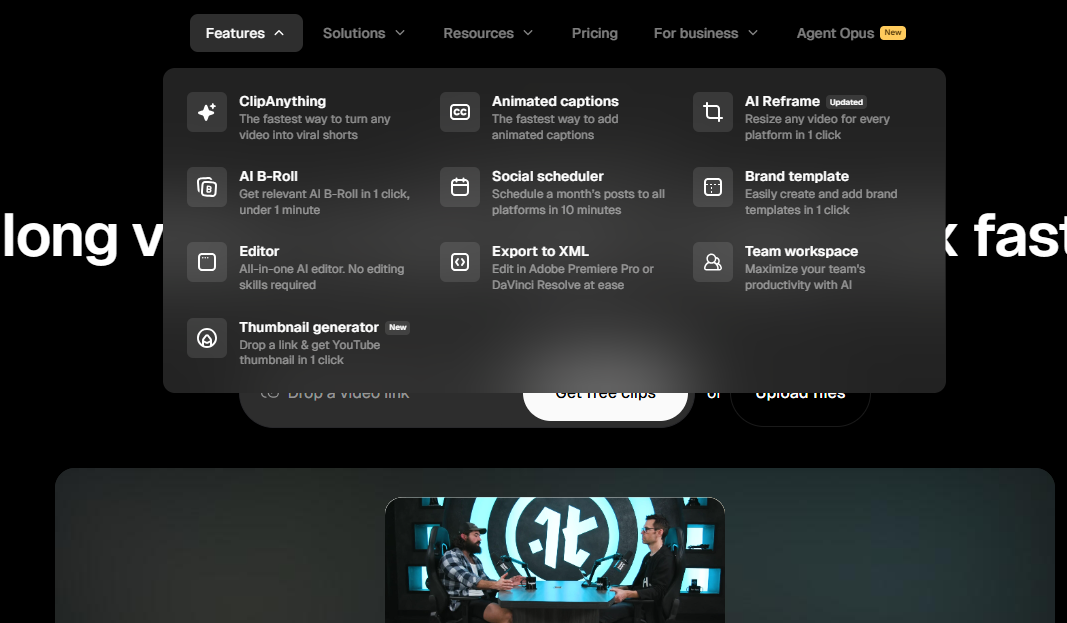 Opus Clip features screenshot showing AI video clipping and repurposing capabilities