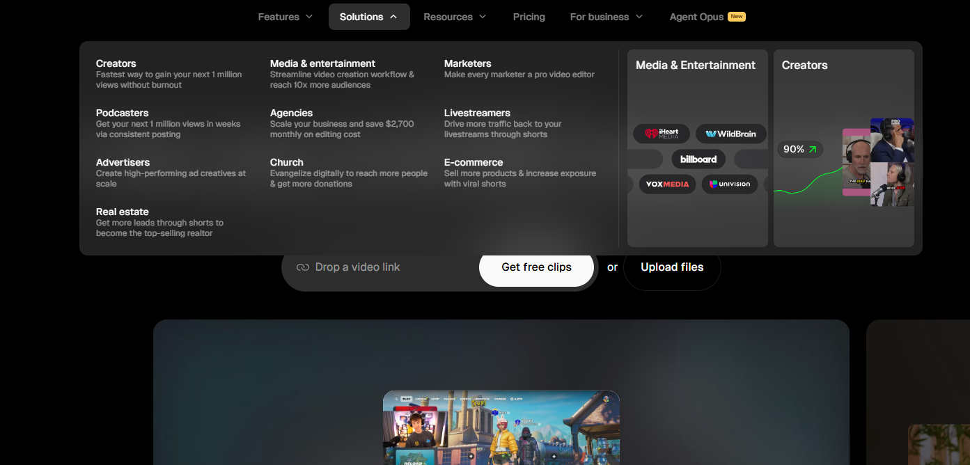 Opus Clip use-case screenshot showing creator and business video repurposing workflows