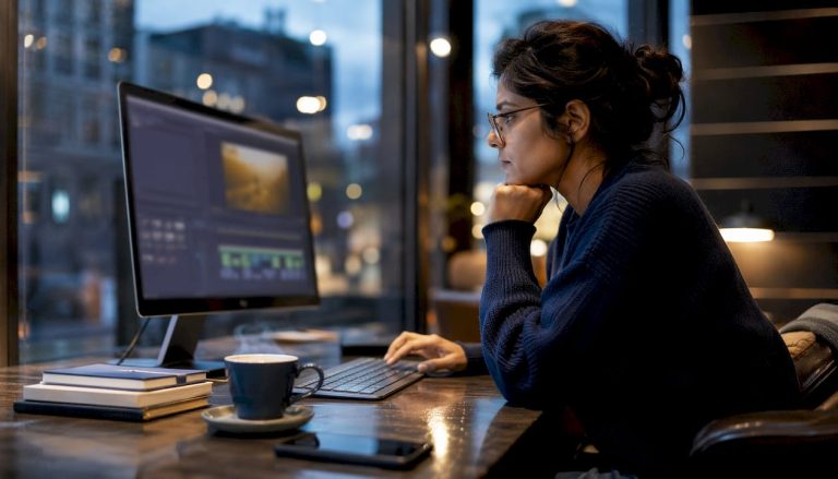 Person working on AI video translation at home desk