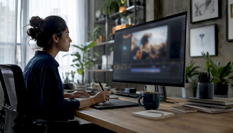 Woman working with AI creative tools in home studio