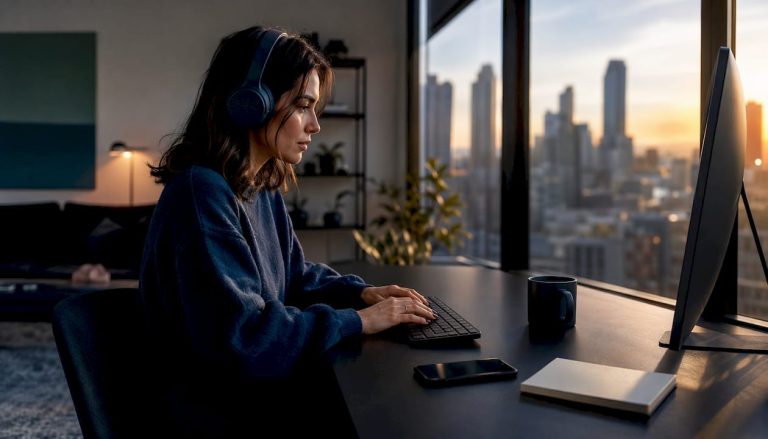 Female creator setting up AI livestream in home office