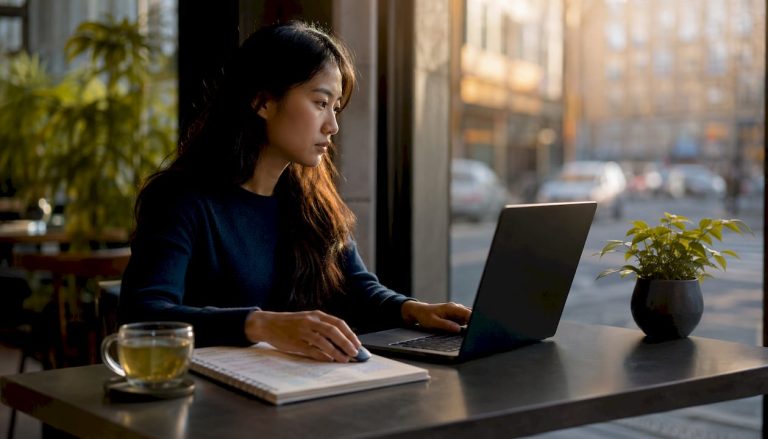 Woman editing video with AI tools at home desk