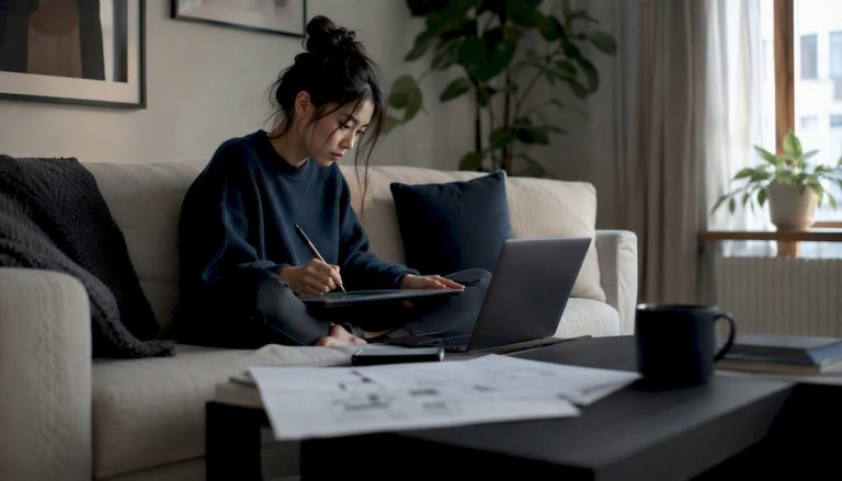 Woman editing video in home office