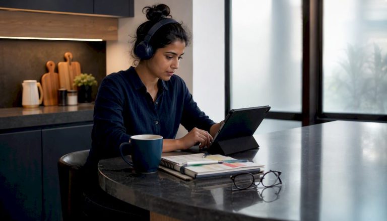 Woman using text to speech tool on tablet