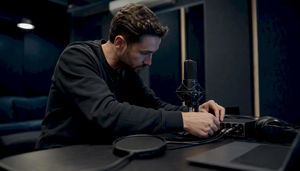 Creator adjusting podcast audio recording gear