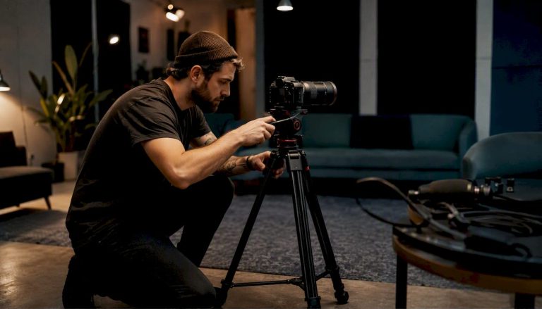 Creator adjusting camera tripod for motion capture