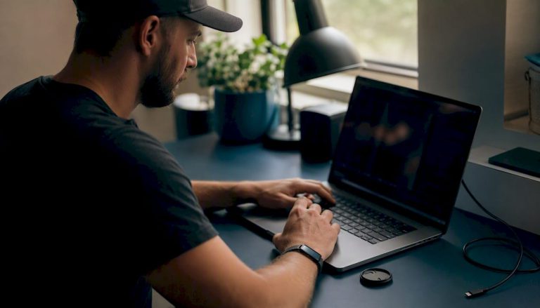 Hands using laptop for video stabilization