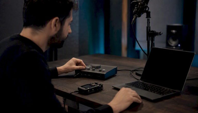 Hands adjusting audio interface knobs in studio
