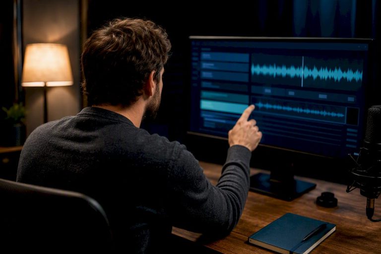 Podcaster editing interview audio with AI