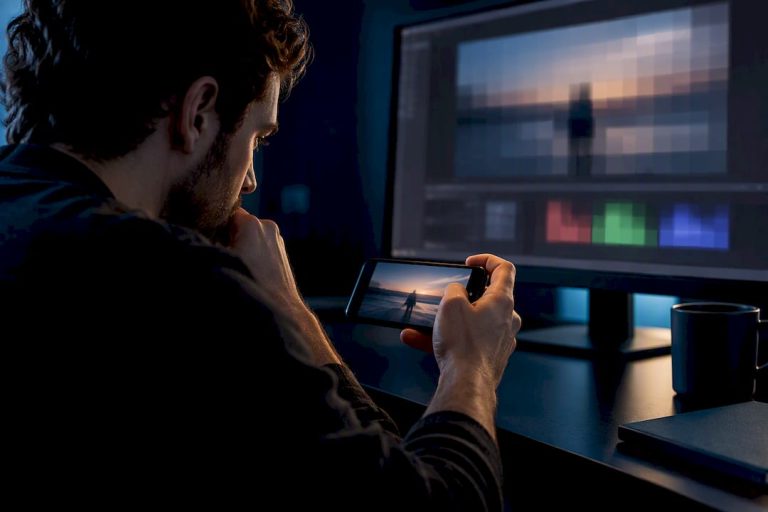 Editor checking compressed video on phone