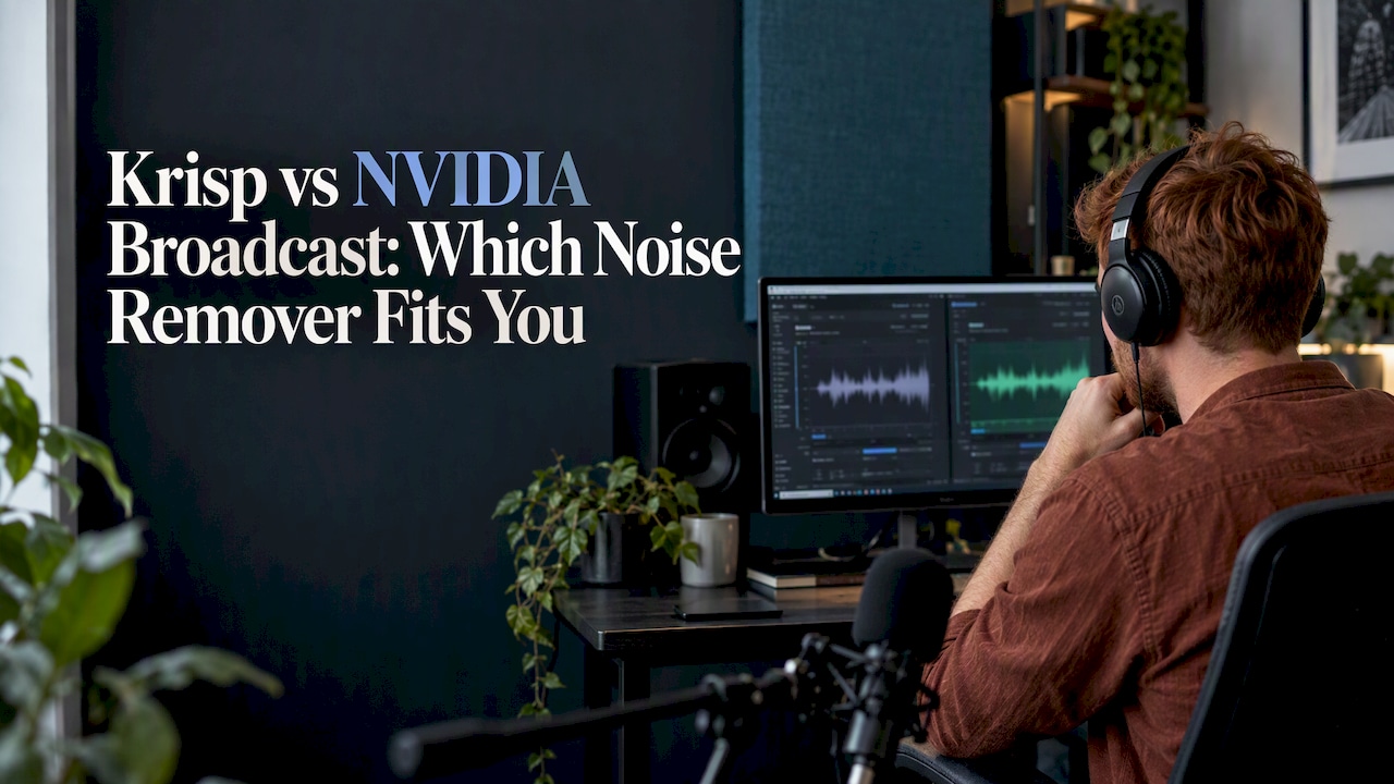 Creator A/B testing noise-removal software at a microphone